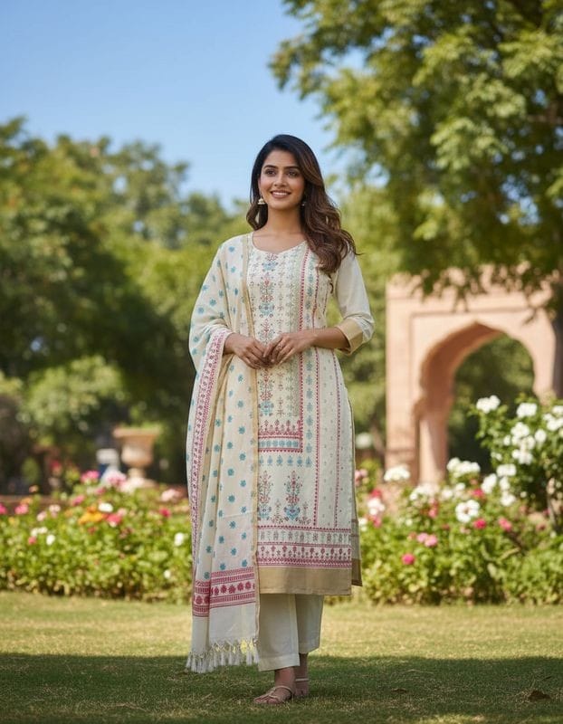 Mayas Kerala Traditional Flower Printed Kurthi Set with Dupatta for Women