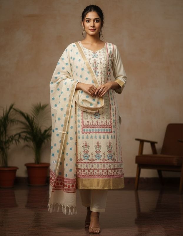 Mayas Kerala Traditional Flower Printed Kurthi Set with Dupatta for Women